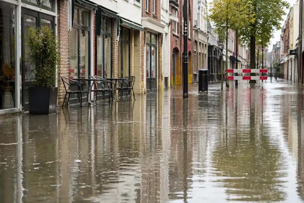 Winkelstraat in Schiedam onder water na kapotte leiding, schade aan panden